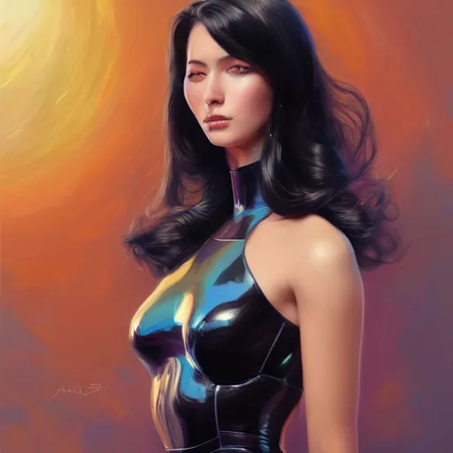 Image similar to a portrait of a very beautiful woman in a spacesuit, Alexandria\'s genesis, shoulder-length black hair, bored, illustration, soft lighting, soft details, painting oil on canvas by mark arian by artgerm, trending on artstation, 4k, 8k, HD