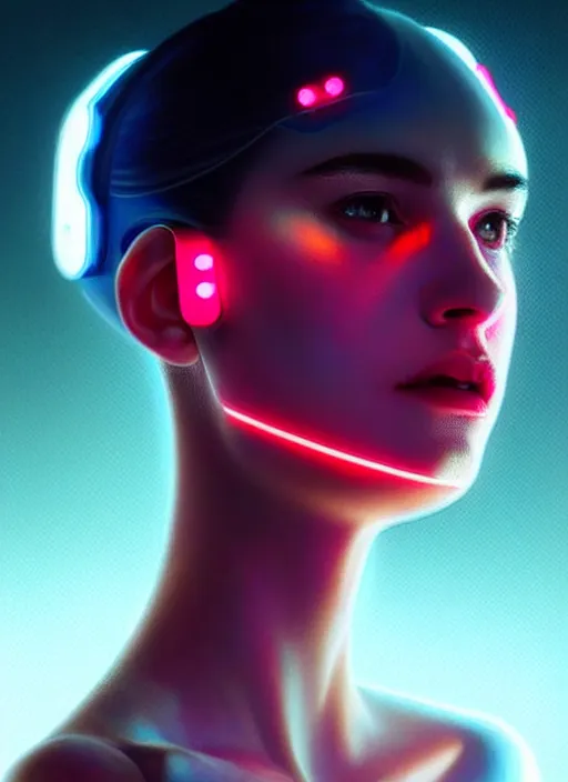 Prompt: photorealistic an american female humanoid with freckle cheeks, cyber neon lightings, futurism, cyberpunk high fashion, elegant profile pose, intricate details, crispy quality, digital photography, trending in artstation, trending in pinterest, no watermark signature, cinematic, 4 k ultra hd, art by artgerm, art by greg rutkowski, art by pascal blanche