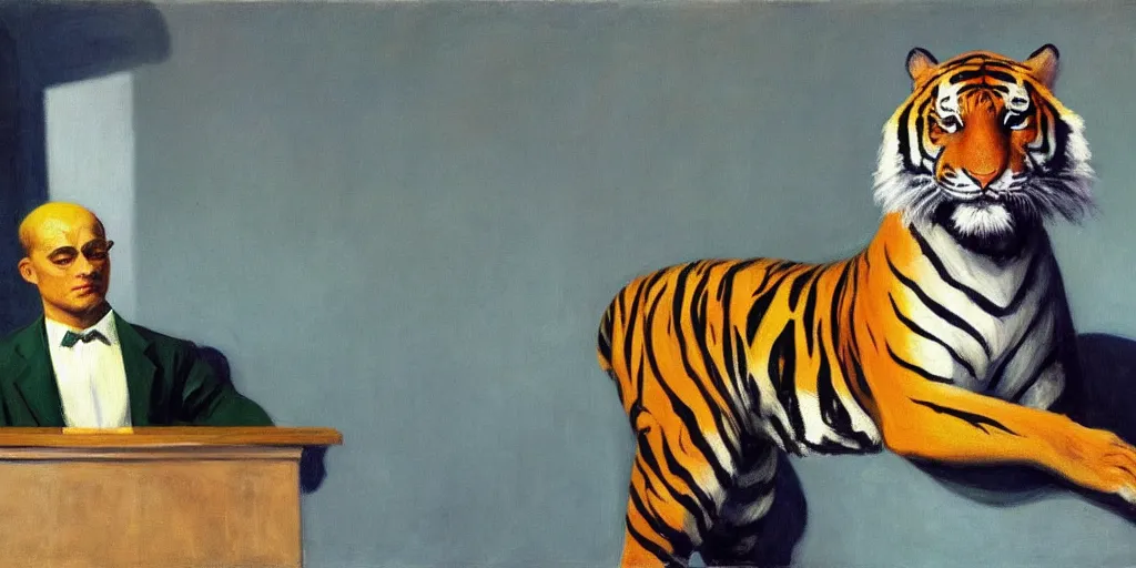 Prompt: a tiger in a suit, oil painting, by edward hopper