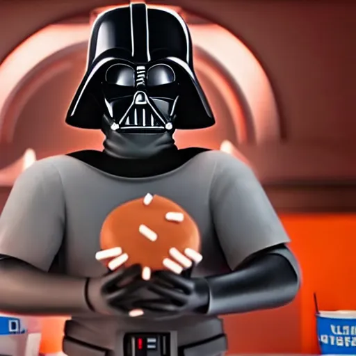 Image similar to darth vador working at dunkin donuts , 8k cinematic lighting, very sharp detail, anatomically correct