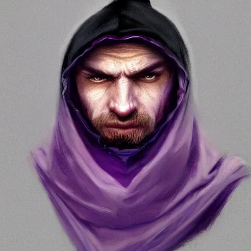 Image similar to ultra realistic illustration, man in a black hood, in a striped purple balaclava, mysterious, highly detailed, digital painting, artstation, concept art, smooth, sharp focus, illustration, art by artgerm and greg rutkowski and alphonse mucha