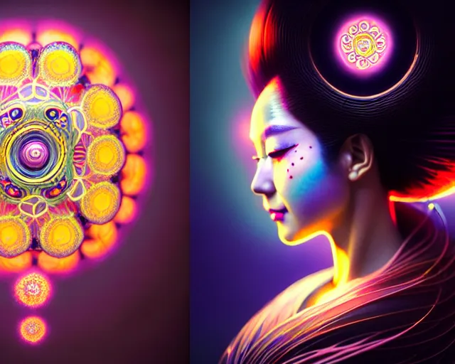 Image similar to a headshot of a geisha offset in the frame, surrounded by fractals, mandalas, cherry blossoms, hadron collider technology, metal gears, swirling bioluminescent energy, art by peter mohrbacher and dan mumford, 8 k octane render, hyperrealistic, zbrush, cinema 4 d