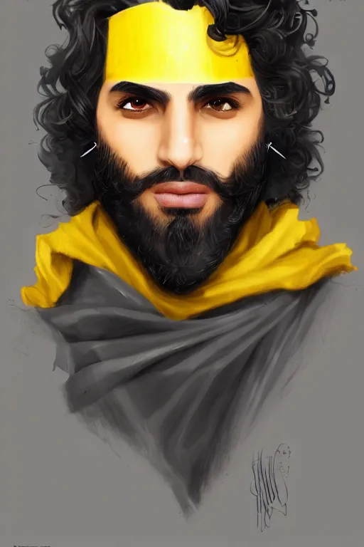 Prompt: Arab man light beard, curly hair, knight, hero, leather , yellow and charcoal, character concept art, costume design, trending on artstation, Artgerm , WLOP