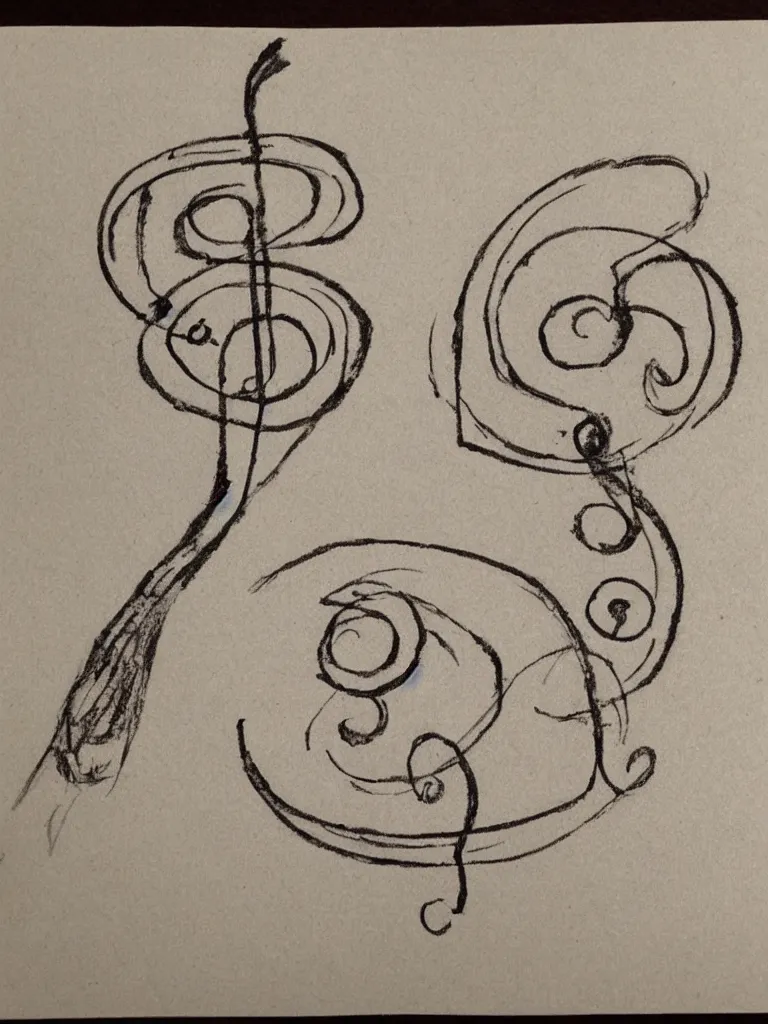 Image similar to a sketch of an acorn that turns into a tree in the shape of a treble clef with a zigzag line in the middle, single line drawing