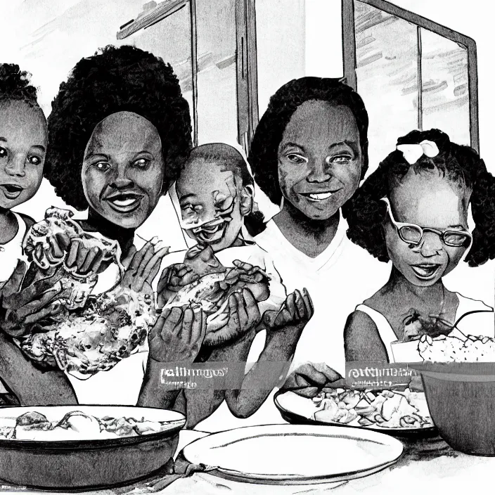 Prompt: African American family in 1979 with two daughters and a son eating chicken, mash potatoes, and rolls for dinner. Cartoon version