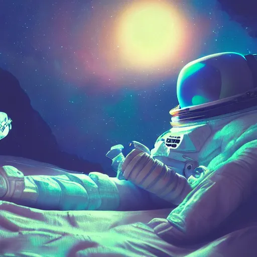 Image similar to astronaut sleeping in bed on moon, bioluminescence, vegetation, colorful, rim light, highly detailed, tilt shift, digital painting, concept art, smooth, sharp focus, pleasing aesthetics, 3 d render, octane render, disney pixar, 4 k