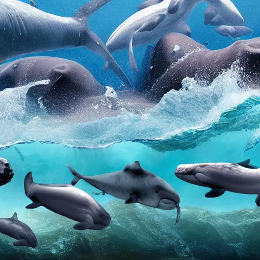 Image similar to ultra realistic underwater photography, panoramic picture of an ocean floor with a few baluga whales. focus on the whales. the whales are anatomically correct and highly detailed. lots of bubbles. seaweed and some rocks. gloomy scattered light entering from the water surface, artstation, 8 k