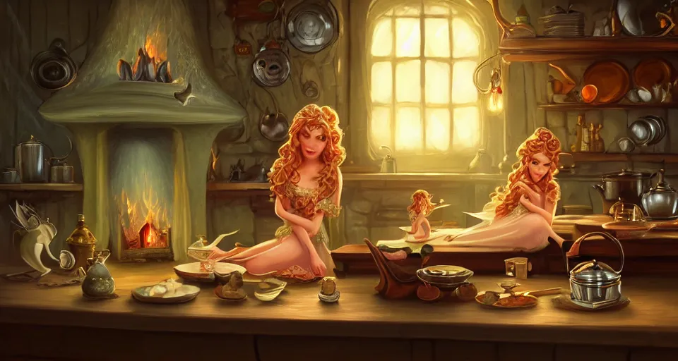 Image similar to a close - up of a fairy in a vintage magical kitchen, with a fireplace in the background d & d, fantasy, intricate, elegant, digital painting, artstation, concept art, smooth, sharp focus, sticker illustration