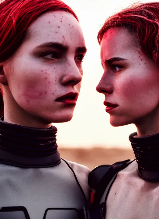 Image similar to cinestill 5 0 d photographic portrait of two scandalous loving female androids wearing rugged black mesh techwear on a desolate plain with a red sky, extreme closeup, cyberpunk style, garters, dust storm, 8 k, hd, high resolution, 3 5 mm, f / 3 2, ultra realistic faces, ex machina