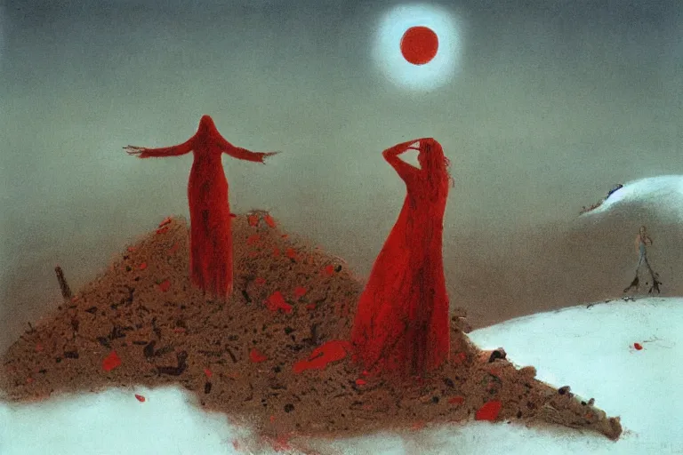 Image similar to a surrealist painting of a lonely woman with pale skin and red hair, standing over pile of bodies in post apocalyptic snowy landscape, painted by zdzisław beksinski