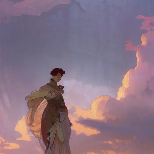 Image similar to Concept art, Clouds at dusk, 8k, alphonse mucha, james gurney, greg rutkowski, john howe, artstation