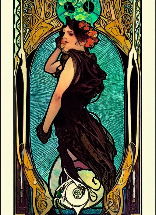 Prompt: an art nouveau painting by alphonse mucha of death, tarot card style