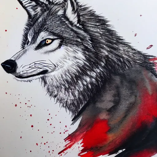 Image similar to image of a wolf painted with black and red watercolors on white paper