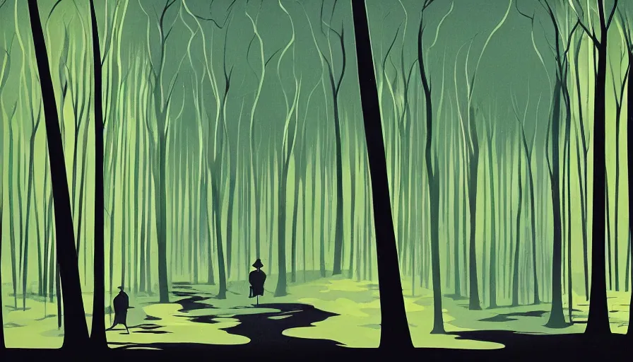 Image similar to eyvind earle disney background art of a beautiful dark fantasy forest