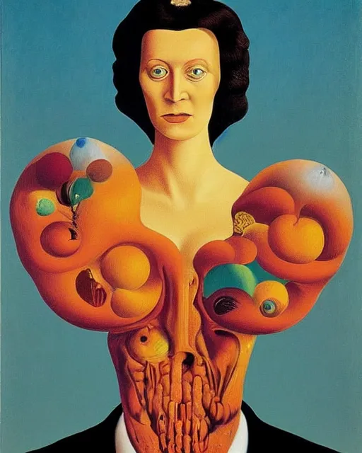 Prompt: portrait of a woman by rene magritte and lisa frank and salvador dali and h. r. giger