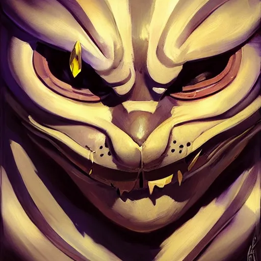 Image similar to greg manchess portrait painting of partially armored cheshire cat from alice in wonderland as overwatch character, medium shot, asymmetrical, profile picture, organic painting, sunny day, matte painting, bold shapes, hard edges, street art, trending on artstation, by huang guangjian, gil elvgren, ruan jia, randy vargas, greg rutkowski