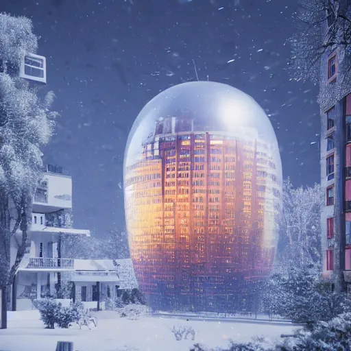 Image similar to a snow globe with a soviet apartment building in it, a computer rendering by leandro erlich, trending on cgsociety, retrofuturism, tesseract, isometric, physically based rendering