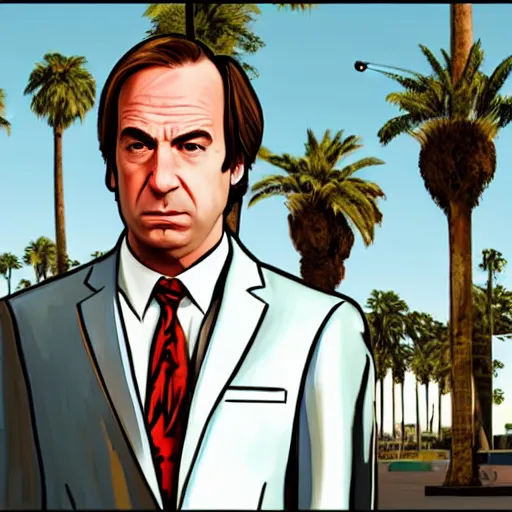 Image similar to Saul Goodman in GTA V . Los Santos in the background, palm trees. In the art style of Stephen Bliss.