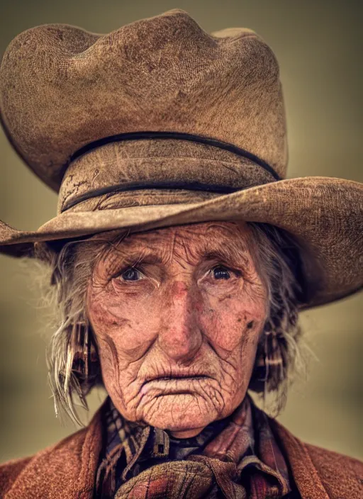 Image similar to closeup portrait of desperate dan (cowboy), old lady, zeiss lens, detailed, symmetrical, centered, fashion photoshoot, by Annie Leibovitz and Steve McCurry, David Lazar, Jimmy Nelsson, Breathtaking, 8k resolution, extremely detailed, beautiful, establishing shot, artistic, hyperrealistic, beautiful face, octane render