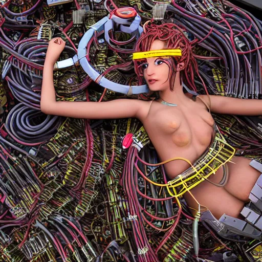 Image similar to piles of modular synth cables mixed with mangrove roots mixed with old video game consoles, kawaii puerto rican goddess chilling out wearing a headpiece made of circuit boards, by cameron gray, wlop, stanley kubrick, masamune, hideki anno, jamie hewlett, unique perspective, epic, trending on artstation, 3 d render, vivid