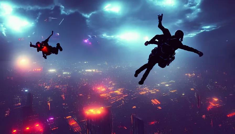 Prompt: man skydiving in dark cyberpunk city with clouds, volumetric lighting, dystopia, artstation, concept art, painting