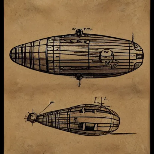 Image similar to technical drawing of a steampunk airship on parchment paper