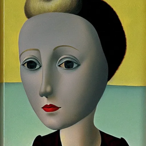 Image similar to very detailed portrait of angela anaconda. painted by rene magritte, 1 9 2 7. oil on canvas.