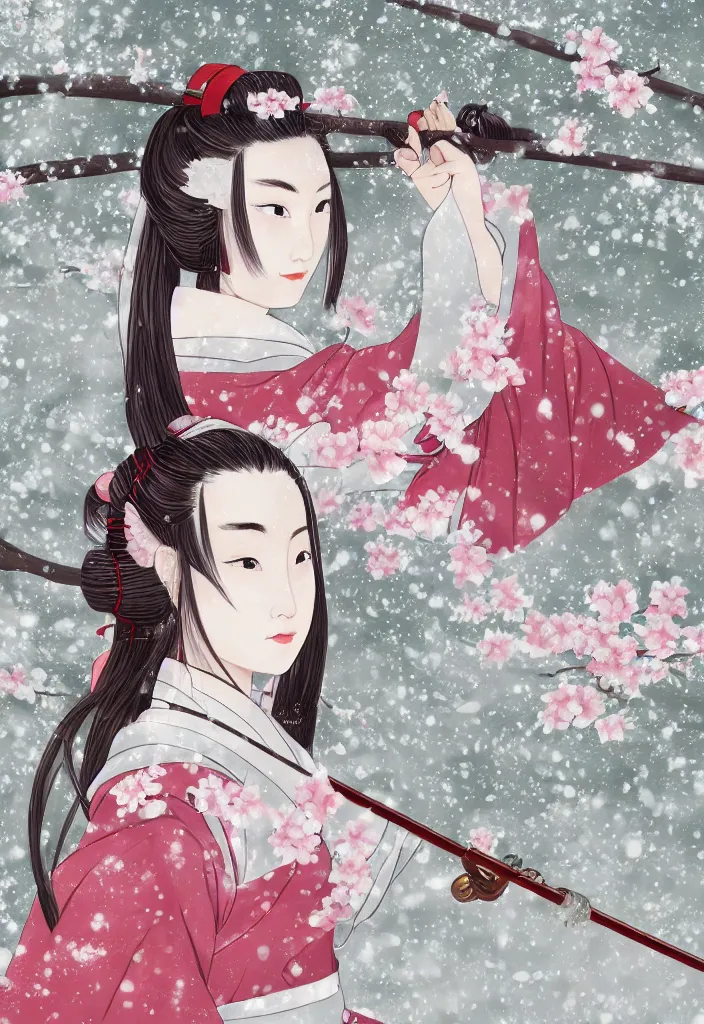 Image similar to detailed portrait of girl samurai in hakama with swords and rifles, in snow forest sakura cherry blossom, taisho roman, trending on artstation, elite, elegant, luxury, perfect face, fine details, realistic shaded, fine - face, pretty face