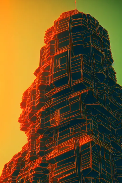 Image similar to high quality 3 d render hyperrealistic cyberpunk hanuman head building, neon yellow madhubani, highly detailed, in sci - fi mumbai, unreal engine cinematic smooth, liam wong, moody light, low angle, uhd 8 k, sharp focus