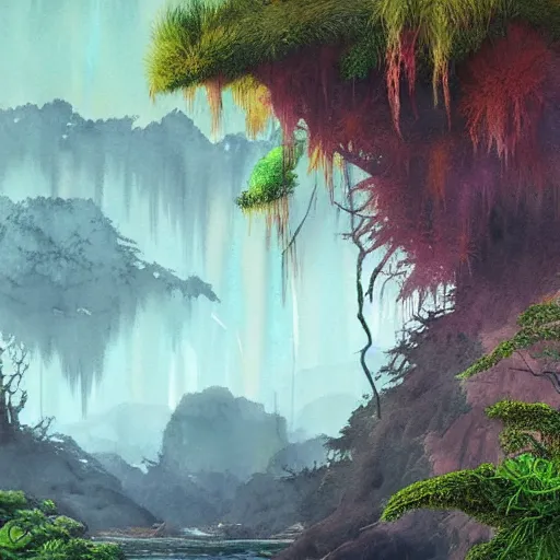 Prompt: beautiful detailed watercolor of a lush natural scene on an alien planet by vincent bons. ultra sharp high quality digital render. detailed. beautiful landscape. weird vegetation. water. soft colour scheme. grainy.