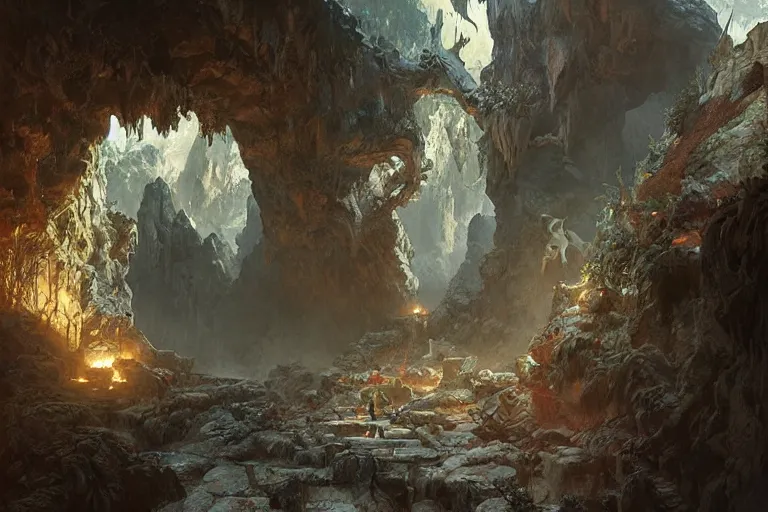 Image similar to painting of an evil cave entrance, concept art, intricate details, eerie, highly detailed, photorealistic, octane render, 8 k, unreal engine. art by artgerm and greg rutkowski and alphonse mucha