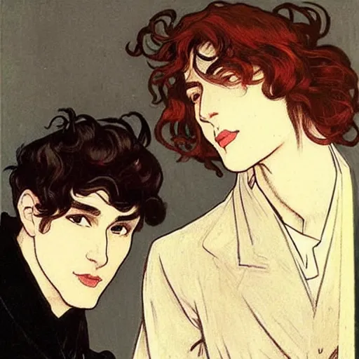 Prompt: two young men, cute handsome beautiful dark medium wavy hair man in his 2 0 s named shadow taehyung min - jun and young cute handsome sharp nose dark red medium length curly hair man named maximo together at the halloween party, elegant, wearing suits!, modest!, delicate facial features, art by alphonse mucha, vincent van gogh, egon schiele