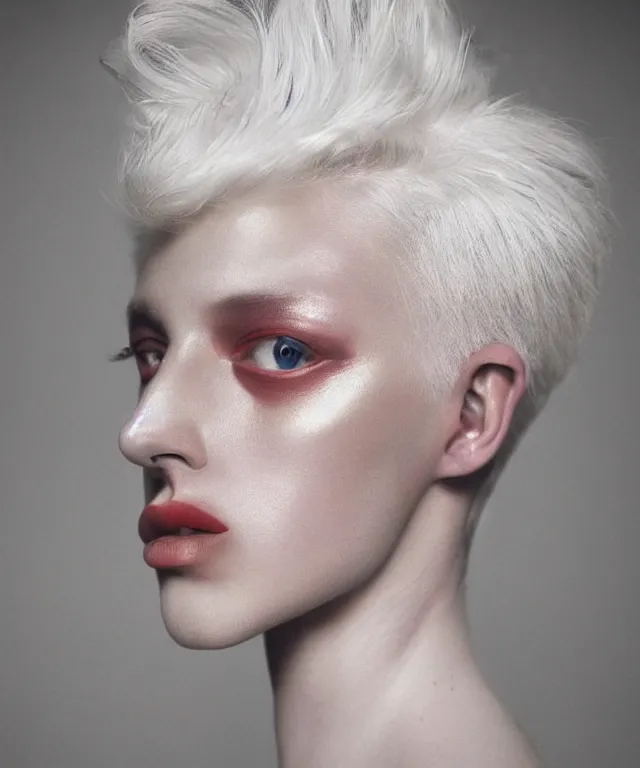 Image similar to a color photograph of a non binary model, platinum blonde, by thomas ruff, intense, bold, hyperrealistic, ultra sharp, extra details, ultra high quality, trending on pinteresst