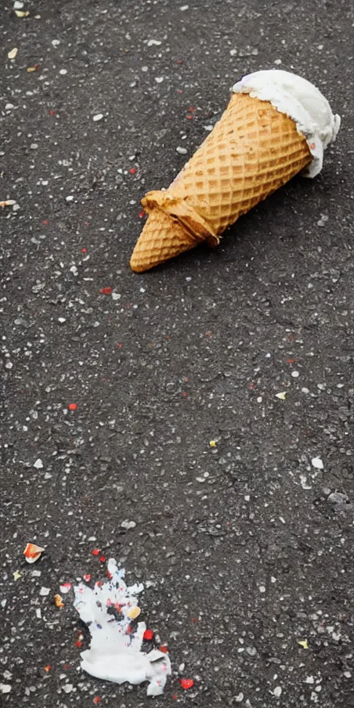 Prompt: ice cream cone splattered on a pavement in italy