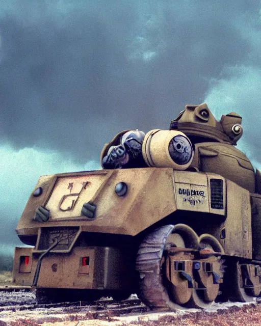 Image similar to giant oversized chubby bulky armored train pug dog robot mech, with big pug head , rocket launcher , on a village , Cinematic focus, fujicolor photo, vintage, neutral colors, soft lights, foggy, panorama by by Serov Valentin, by lisa yuskavage, by Andrei Tarkovsky