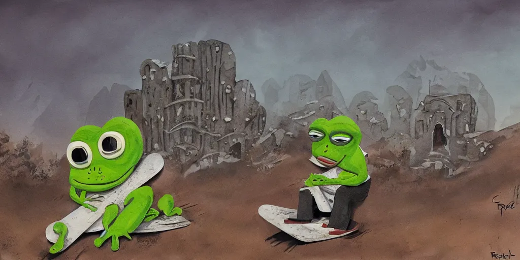 Image similar to pepe the frog snowboarding, gloomy landscape, ruins, painted by christopher radlund