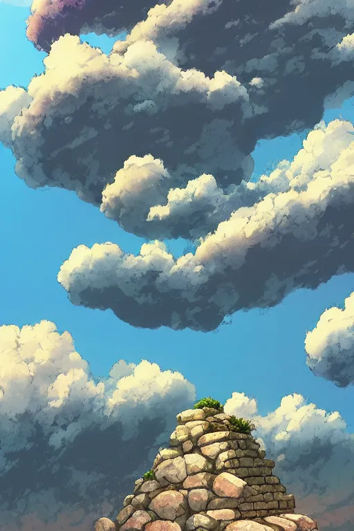 Prompt: stone wall stretching to the sky at the edge of the world, 4 k digital paint by studio ghibli hayao miyazaki. vivid colours, vaporwave lighting style, very sharp and detailed. trending on artstation and behance.