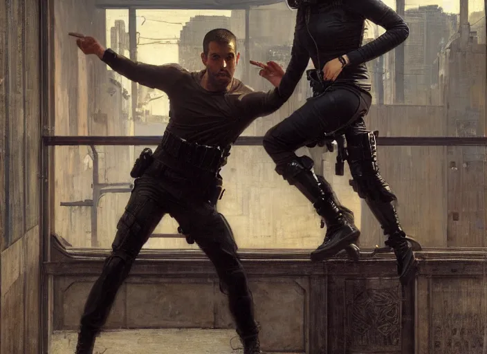 Prompt: sophia evades sgt Nash. Cyberpunk free runner escaping menacing police troopers (blade runner 2049). Gorgeous face. Iranian orientalist portrait by john william waterhouse and Edwin Longsden Long and Theodore Ralli and Nasreddine Dinet, oil on canvas. Cinematic, hyper realism, realistic proportions, dramatic lighting, high detail 4k