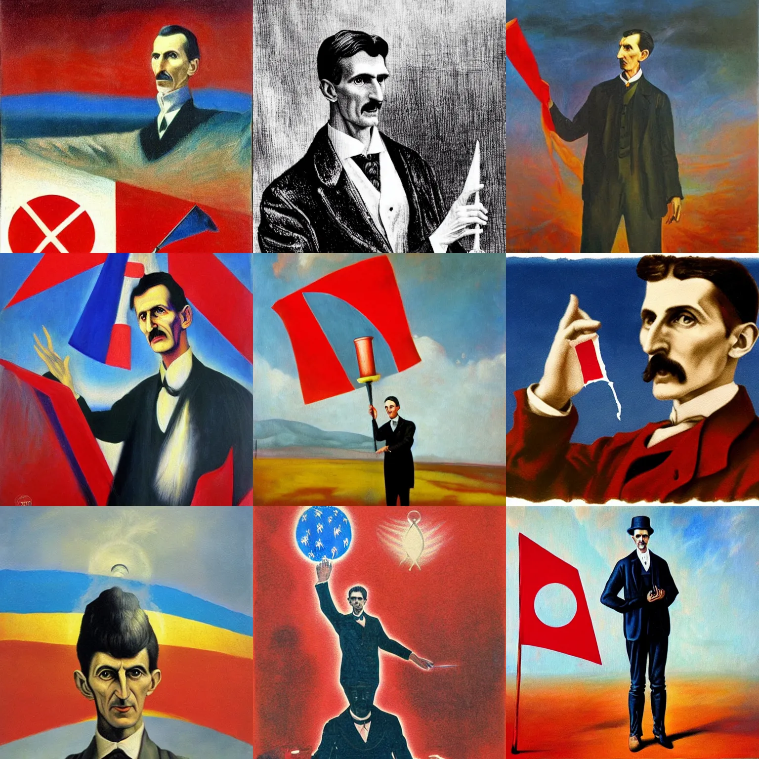 Prompt: surrealistic painting of nikola tesla waving a croatian flag