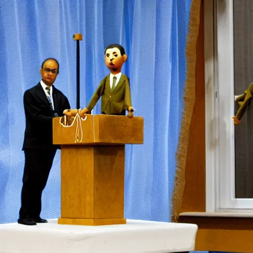 Image similar to puppet show of a string marionette of a president in a podium