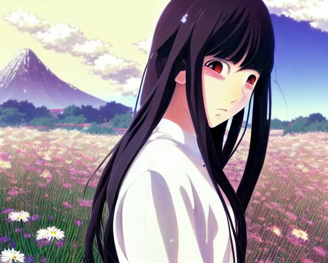 Image similar to beautiful anime girl with long black hair and bangs, wearing a white sweater, fine details portrait, a field of flowers and mountains in background, bokeh. anime masterpiece by Studio Ghibli. illustration, sharp high-quality anime illustration in style of Ghibli, Ilya Kuvshinov, Artgerm