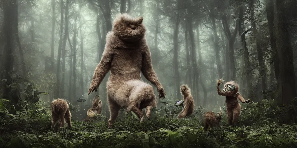 Image similar to an astronaut comes a across a strange creature, a furry animal with six legs covered in thick fur, in a forest, a detailed matte painting by frieke janssens, featured on cgsociety, fantasy art, matte painting, reimagined by industrial light and magic, matte drawing