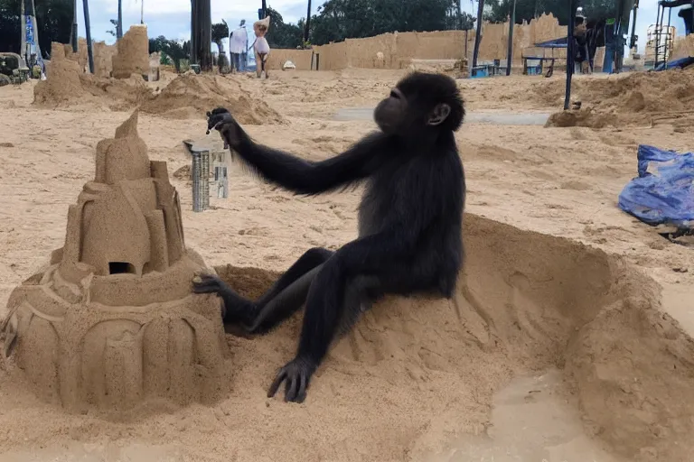 Image similar to a monkey touching a completed sand castle