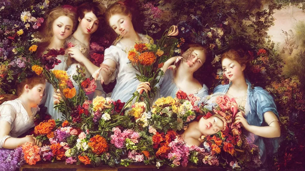 Image similar to A young guy's head is lying in a beautiful bouquet of flowers on a table, and his sisters are looking on, ancient fairy tale style