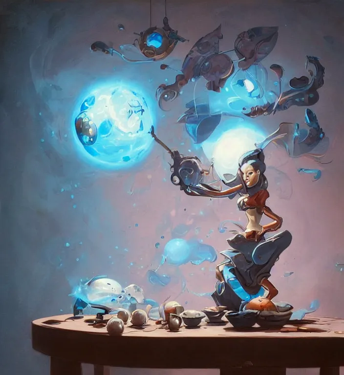 Image similar to a blue ball on a table, artwork by Peter Mohrbacher and Dan Mumford