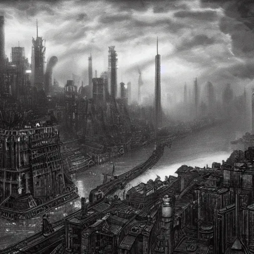 Image similar to dieselpunk city pollution river drawn by gustave dore perspective wide angle
