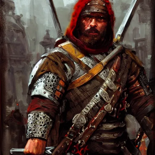 Image similar to a medieval bandit, burly and tough, gearing up for battle, candid, red accents, fantasy character portrait by gaston bussiere, craig mullins