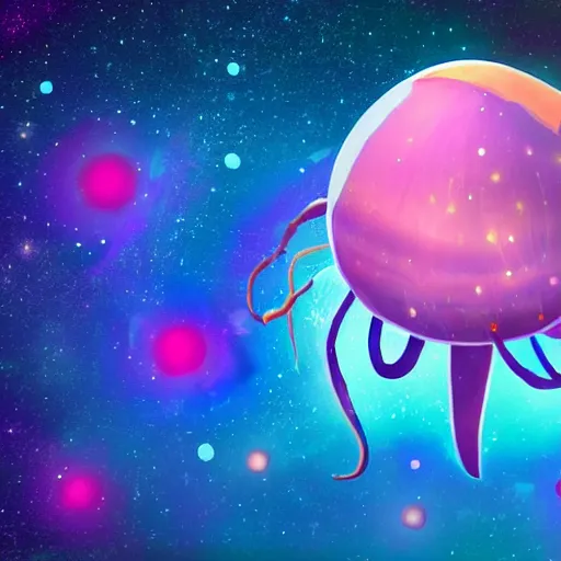 Prompt: Cartoon network Steven Universe design of a cute Ancient tribe dusty damaged spaceship shaped like a jelly fish flying in a gas of nebulas and stars in hyperspace, beautiful clear detailed 8k digital art, final render