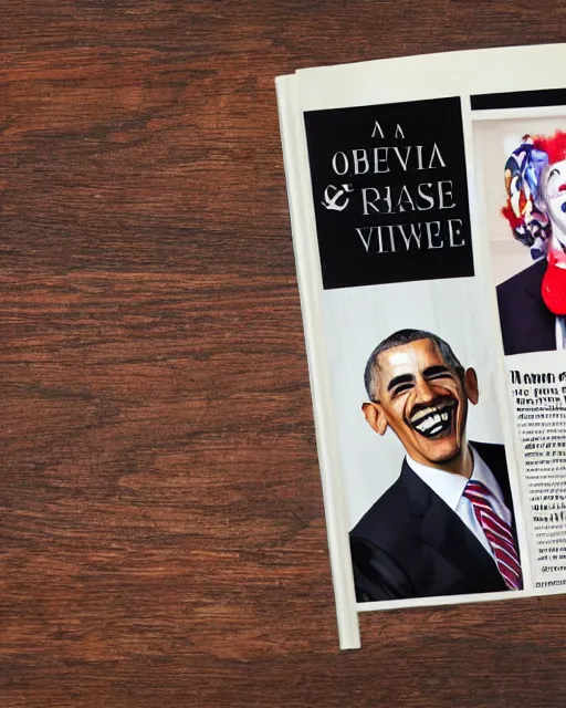 Prompt: 'a full view of table and magazine with picture of barack obama dressed as clown', magazine, zoomed out, zoomed out, zoomed out