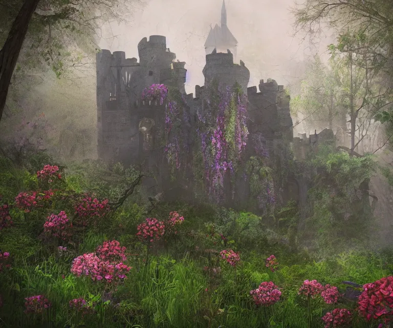 Image similar to old rundown castle in the middle of a haunted forest, foggy, high fantasy, colorful flowers, aged vegetation, photorealism